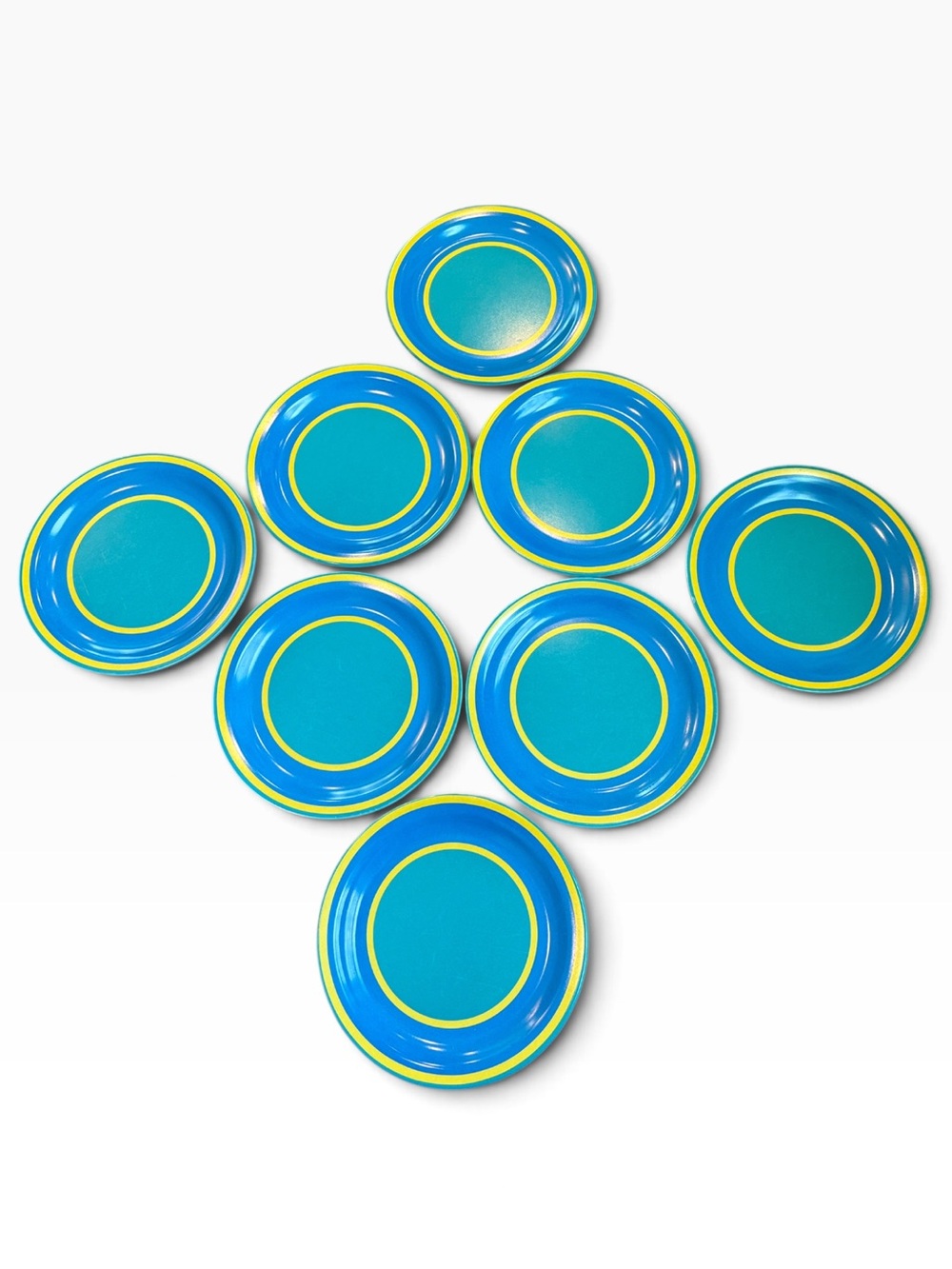 Vintage Dallas Ware Dinner Plates 10” Round Teal Blue Yellow Melamine Set Of 8
